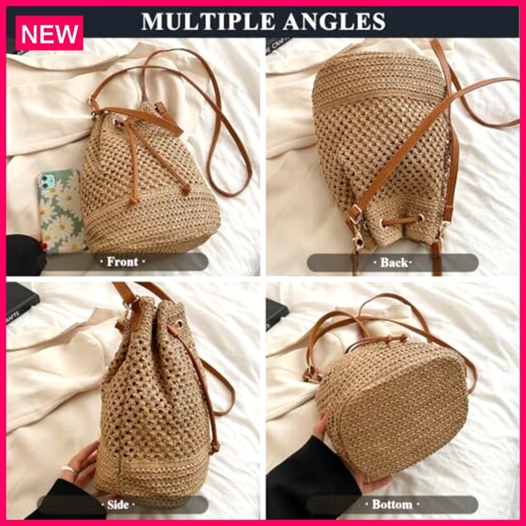 Straw Bucket Bag Woven Crossbody Hobo Drawstring Purse Beach Handbag - Picture 7 of 8
